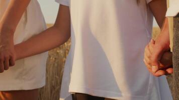 A family shares a moment in a golden wheat field, holding hands tightly as the sun sets in the background. The warmth of the scene evokes a sense of unity and togetherness. video