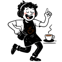 A happy male barista wearing an apron and headphones is dancing with a coffee pot, showing enjoyment of music and beverage. png