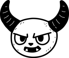 Hand drawn doodle line art icon of a monster face with sharp fangs and horns, representing evil or a mythical creature. png