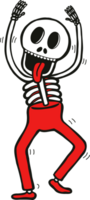 Humorous skeleton dancing with hands up and sticking out tongue. Halloween and Day of the Dead celebration concept for party poster. png
