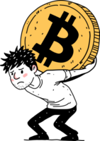 Young man carrying a giant bitcoin coin on his back, illustrating crypto burden and financial pressure. Digital currency struggle concept. png