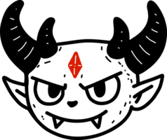 Smiling creature with horns and fangs. Cute monster face for Halloween party or character design. Simple illustration. png