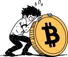 Man holding a giant bitcoin coin, representing cryptocurrency investment, digital asset concept for finance and blockchain. png