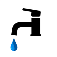 Graphic element, icon of a black silhouette of a faucet with a blue drop of water on a transparent background. png