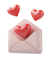 Three red hearts and pink envelope 3d render on transparent background. png