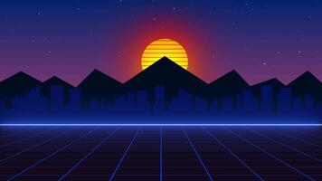 Retro Style Futuristic Landscape Background, Grid Sunset with Mountains Seamless Loop Animation video