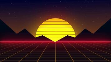 Retro Sunset Grid Landscape with Mountains Loop 80s Synthwave Horizon Animation video