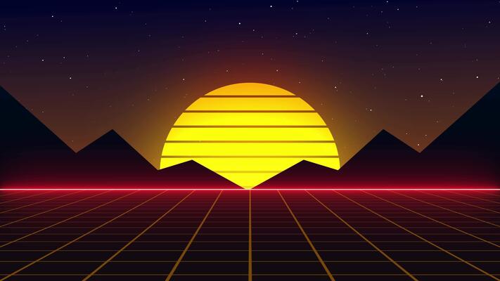 Retro Sunset Grid Landscape with Mountains Loop 80s