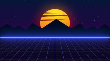 Retro Sunset Grid Landscape with Mountain Silhouette Seamless Loop Animation video