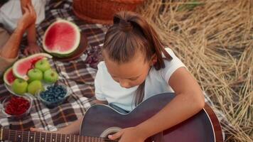A young girl strums her guitar at a picnic in a sunny field. Fresh fruits like watermelon, apples, and berries are spread around her on a checkered blanket. Laughter and joy fill the air. video