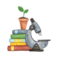 A microscope stands next to a stack of books on which there is a pot with a plant. Watercolor illustration hand-drawn, cartoon. Drawing for stickers, cards, invitations, scrapbooking. science, school png