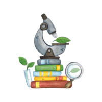 Microscope stands on a stack of books, next to it there is a magnifying glass and a flask with a plant. Watercolor illustration hand-drawn, cartoon. Drawing for stickers, cards, invitations png