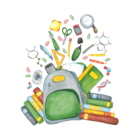 Gray school backpack from which office supplies and books fly out. Watercolor illustration hand-drawn, cartoon. Drawing for stickers, cards, invitations, scrapbooking. science, school, laboratory png