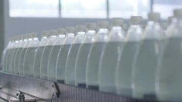 Sealed bottles on beverage production line video