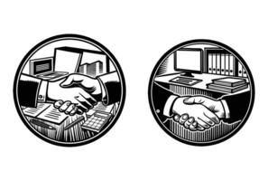 Business agreement handshake illustration with office background in monochrome design vector