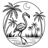 Tropical flamingo scene with palm trees and crescent moon in elegant black and white vector
