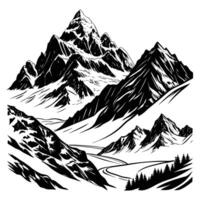 Black and white mountain range illustration with snow and pine trees landscape vector