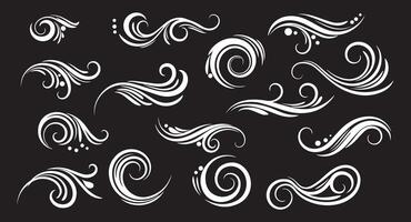 Collection of elegant white flourishes and swirls on a black background design elements vector