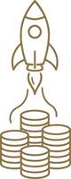 Rocket launching from stacks of coins representing financial growth and success with outlines vector