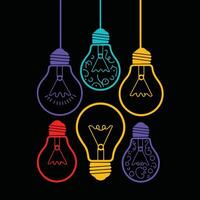 Colorful light bulbs with intricate designs floating on black background idea generation vector