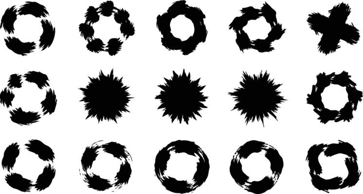 Abstract ink brush stroke elements set grunge circle shapes for graphic design