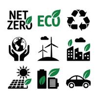 Collection of net zero and environmental sustainability icons representing eco friendly practices vector