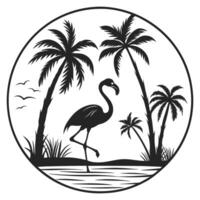 Black silhouette flamingo and palm trees on tropical island within a circle graphic vector