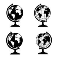 Monochrome earth globe collection geographical representation world globes silhouettes and grid lines educational vector
