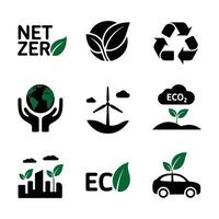 Environmental sustainability icon set depicting net zero eco friendly practices and renewable energy vector