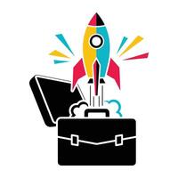 Business launch concept rocket taking off from briefcase colorful illustration vector