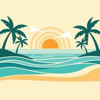 Tropical paradise sunset beach with palm trees and ocean waves on a summer day vector