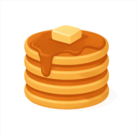 Stack of golden pancakes topped with butter and syrup in cartoon style on transparent background png