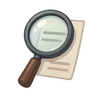 Magnifying glass with handle placed over paper sheet in cartoon style on transparent background png