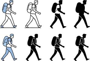 illustration set of walking man with backpack in color and silhouette vector