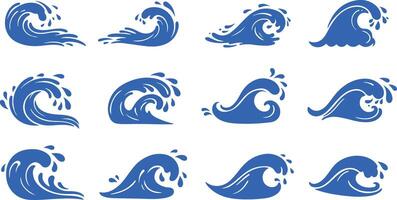 Collection of twelve blue stylized wave illustrations on white background graphic design vector