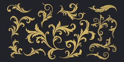 Set of golden floral ornaments on dark background elegant design elements collection vector