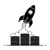 Rocket launching from coin stacks represents financial growth and investment success concept vector