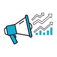 Business promotion and growth announcement with megaphone,upward trending graphs in light blue theme vector