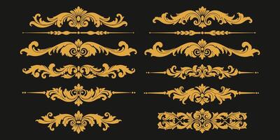 Elegant gold vintage floral dividers and borders on dark background set vector