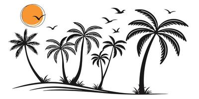Tropical palm tree silhouette graphic illustration with sun and birds for summer vibes vector