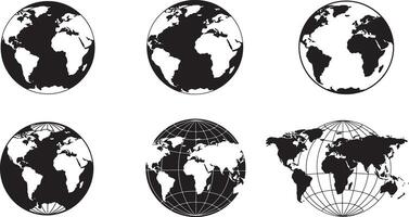 Black and white globe earth icons world map set for geography designs vector