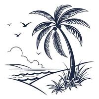 illustration of a tropical beach with palm tree birds and seaside view vector
