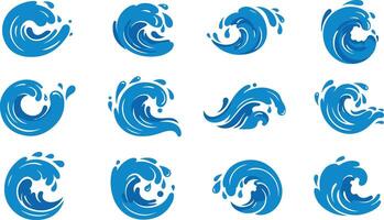 Diverse set of cartoon blue water wave icons and splashes isolated on white background with curving shapes vector