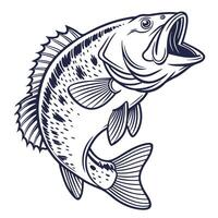 Detailed monochrome illustration of a jumping bass fish with an open mouth vector