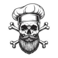 Chef skull with beard and crossbones intricate black and white illustration vector