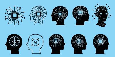 Artificial intelligence brain connection concept with microchips and human heads silhouette on blue background vector