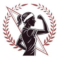 Strong athletic woman flexing muscle with laurel wreath and triangle shape design vector
