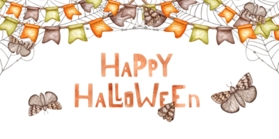 Garlands with flags, spider web and butterflies watercolor illustration. Hand drawn for Halloween with space for text. Isolated from background. Frame, template, framing, outline, banner. png
