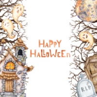 Castle with thatched roof, moon, ghost, dry branches, coffin and tombstone watercolor illustration. Hand drawn for Halloween with space for text. Isolated from background. Frame, template, framing, png