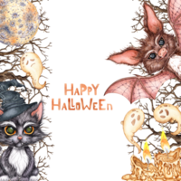 Kitten in witch hat, bat, dry branches, moon, ghosts and candles watercolor illustration. Hand drawn for Halloween with space for text. Isolated from background. Frame, template, framing, outline. png